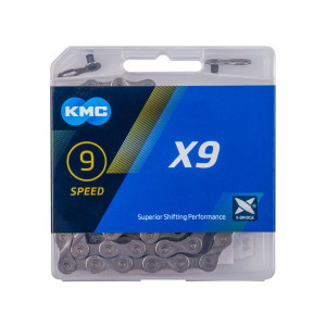 Цепь KMC 5-303612 Х9 Grey 1/2"х11/128" 9ск. 114 звеньев, с замком, X Bridge, д/SHIMANO/SRAM, в пластик. коробке, серебристая 