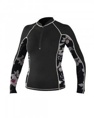 Гидромайка женская O&#039;Neill длинный рукав с молнией WMS FRONT ZIP L/S RASH GUARD BLK/ALBNYFLR:CHAMPGN S18 (5059S EP2) 