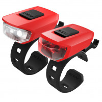 Комплект освещения KLS VEGA красный: 10лм/3лм, 2x LED, режимы: 100% (180ч), 50% (360ч), мигающий (360ч), батарейки 2хCR2032 в компл., универсальное крепление на руль и подс. штырь, влагозащита IPX 4