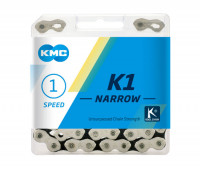 Цепь KMC K1 NARROW, 1 ск., 1/2x3/32"х112", в торг.уп., серебристый/чёрный